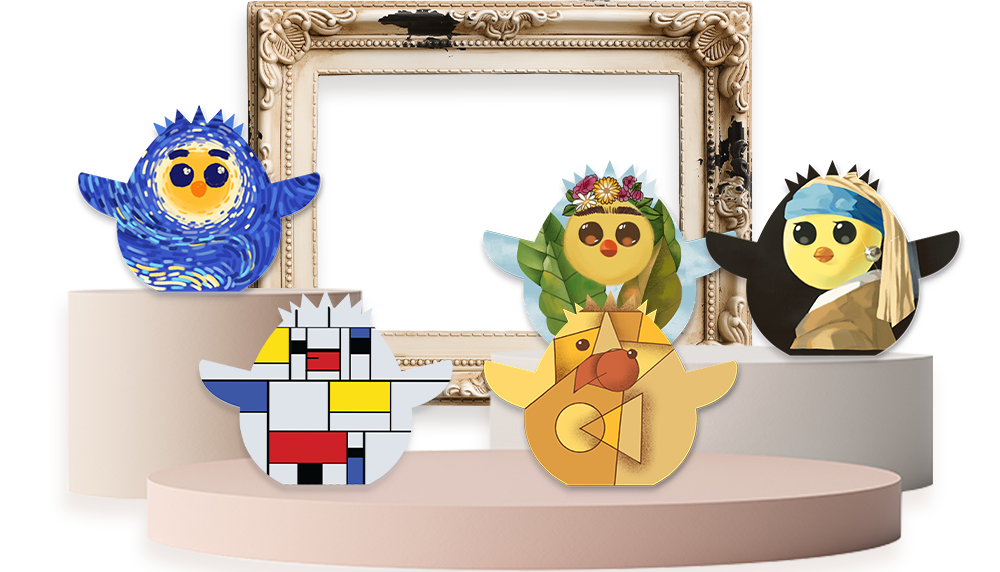 All 5 designs of the Sun God babies (minerature cardboard figures of Fluffy, with designs inspired by (from left): Van Gogh's Starry Night, Piet Mondrian's Composition with Red Blue and Yellow, Frida Kahlo, Cubism, Girl with a Pearl Earring) placed on pedestals in front of an empty cream-colored picture frame